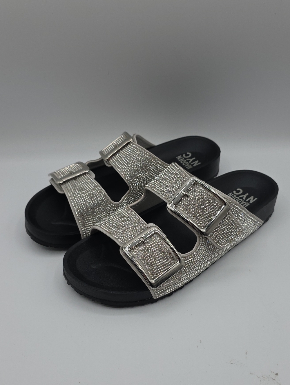 NYC Silver Crystal Double-Buckle Slide Sandals